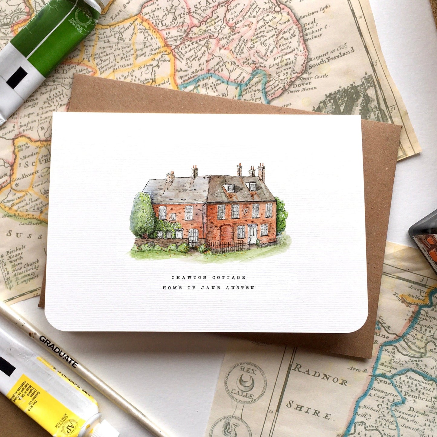 A Jane Austen Note Card for Any Occasion, featuring a Watercolour Painting of Chawton Cottage, her Home in Hampshire.