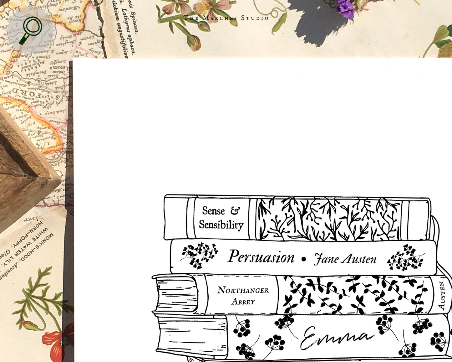 A Zoomed image of an art print of an illustration of Jane Austen's most famous works as a book stack. Zoom of the details in the illustration.