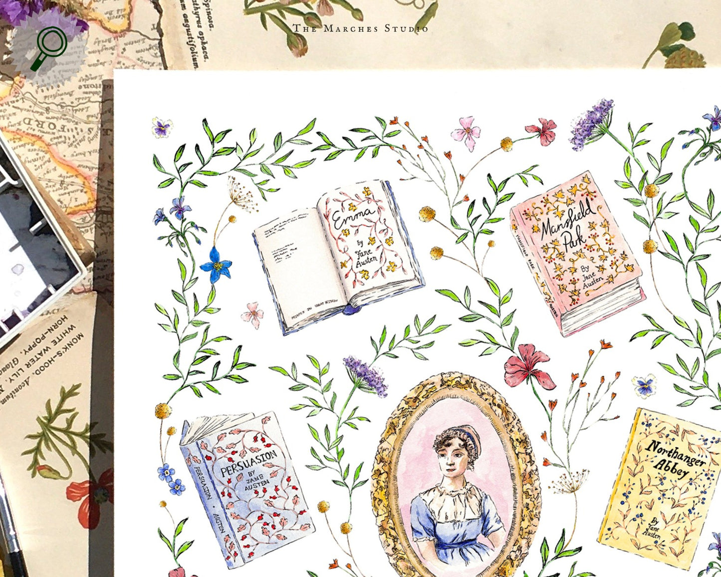 Zoomed image of the details featured on the art print featuring Jane Austen , her books and floral decorations.
