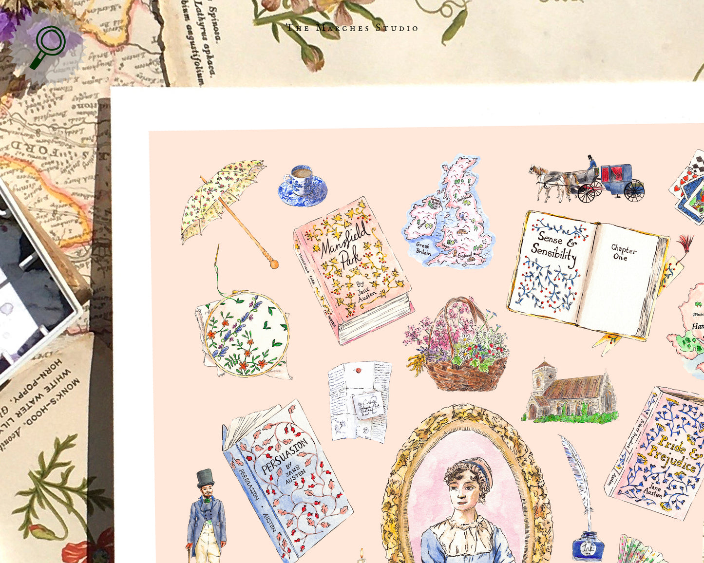 Zoomed image focusing on the details of the regency and Jane Austen items featured on the World of Jane Austen art print.