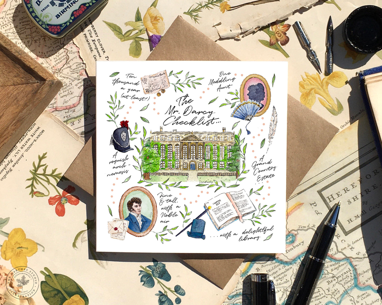 Square Card with an illustration of Pemberley in the centre surrounded by a humorous 'Mr Darcy Checklist' of illustrated items.