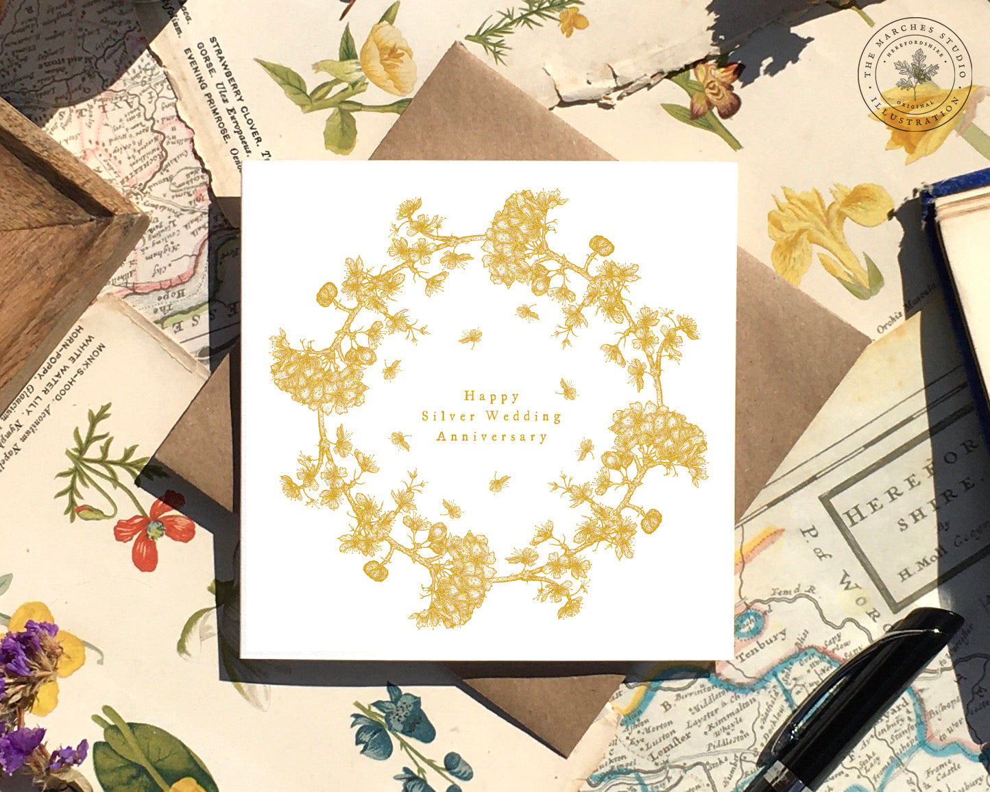 For Elinor - Floral Blossom Wreath 'Happy Silver Wedding Anniversary' Card