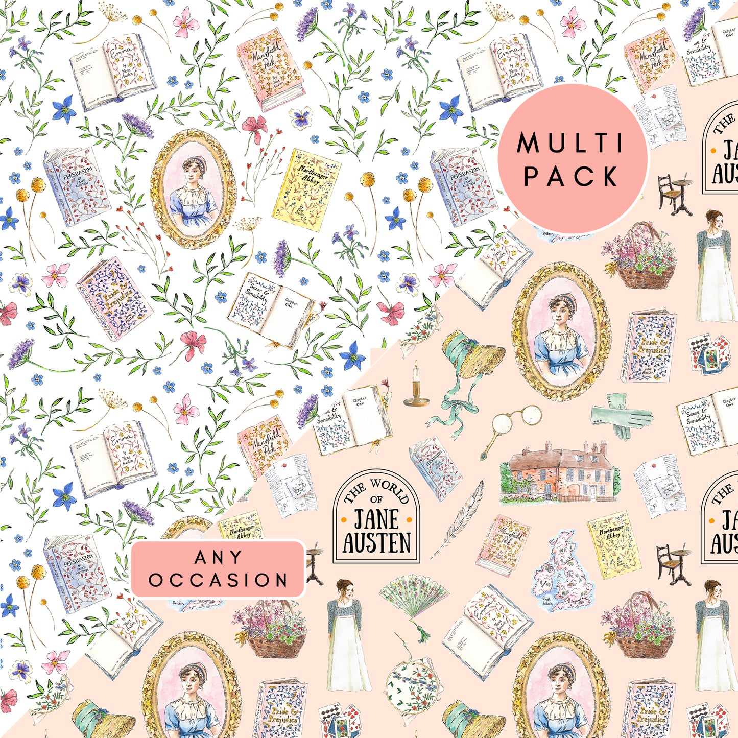 Jane Austen Wrapping Paper Set | Birthday or Any Occasion | 2 Large 50x70cm Sheets and Tags