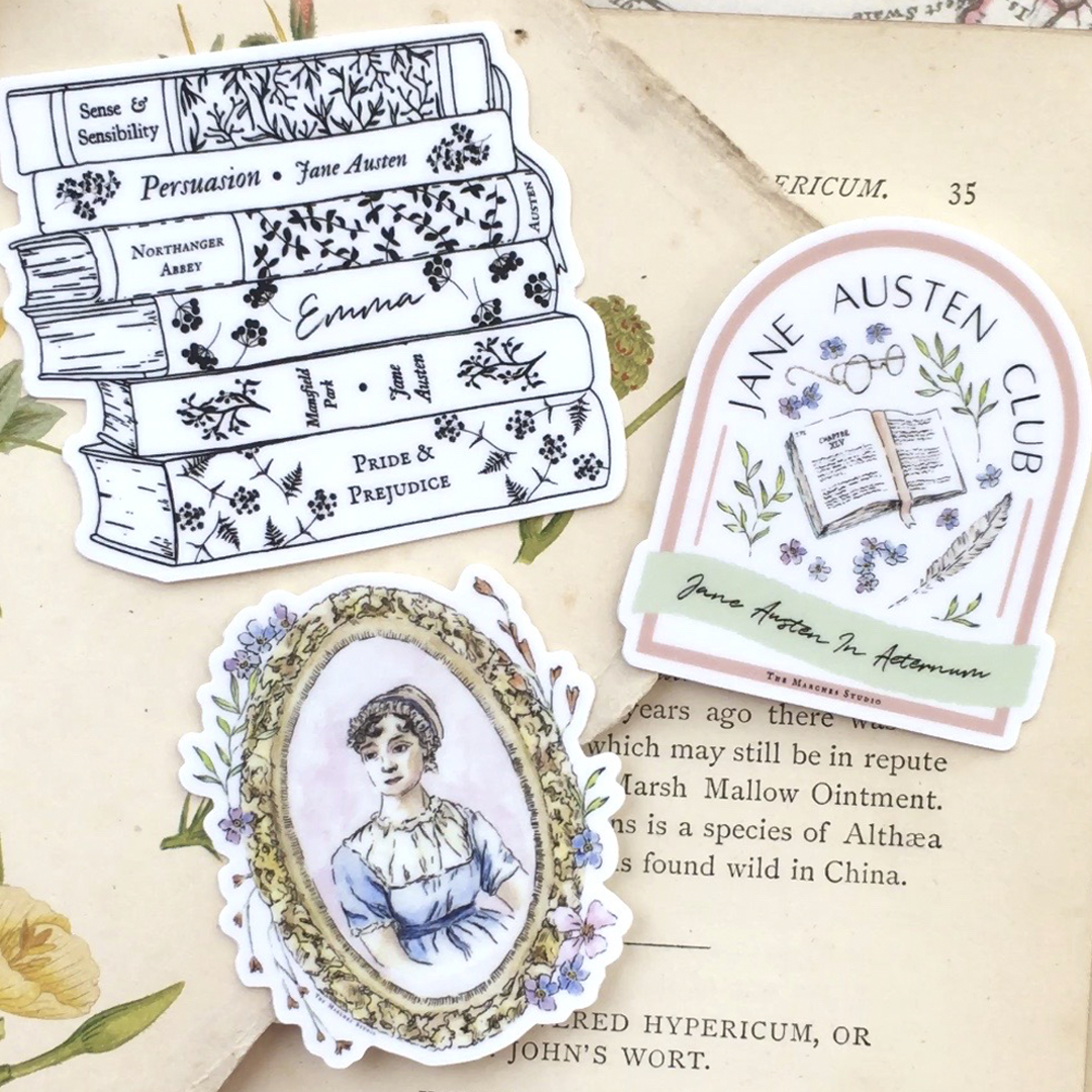 Three stickers, a Jane Austen Portrait, a stack of Jane Austen books and a 'Jane Austen Club' badge sticker