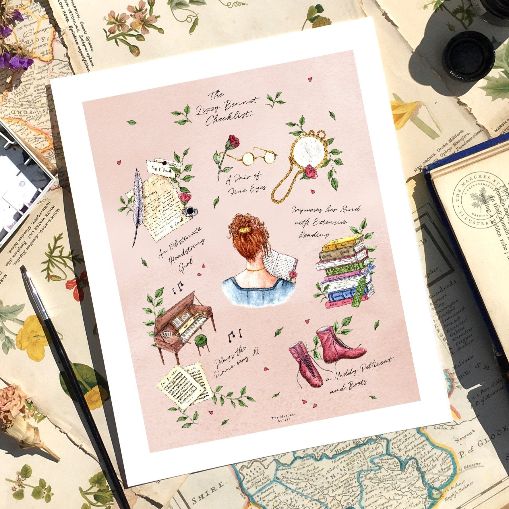 A colourful Art Print with Watercolour Illustrations depicting the character of Elizabeth 'Lizzy' Bennet from Jane Austen's Pride and Prejudice.