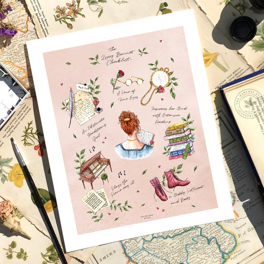 A colourful Art Print with Watercolour Illustrations depicting the character of Elizabeth 'Lizzy' Bennet from Jane Austen's Pride and Prejudice.