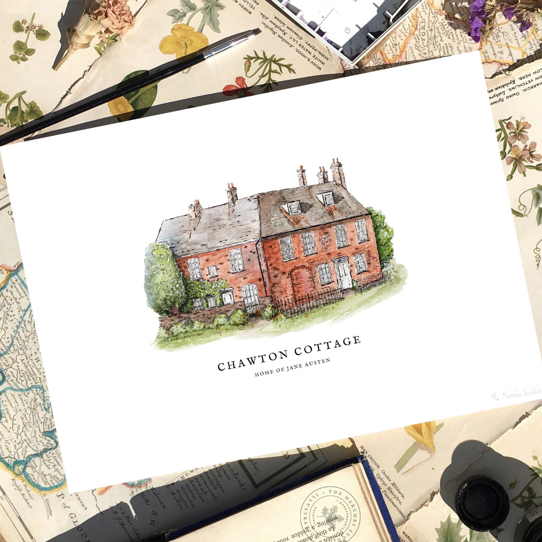 Print of an original Watercolour painting of Chawton Cottage in Hampshire and former home of Jane Austen, author of Pride and Prejudice.