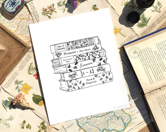 Image showing an Art Print with a delicate book stack illustration in black of Jane Austen's most famous books with floral decorations.