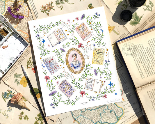 Image of an art print featuring a watercolour portrait of Jane Austen in the centre surrounded by illustrations of her books and floral decorations.