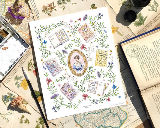 Whimsical Flowers surrounding a Portrait of Jane Austen and all her completed Novels —the perfect Print for a Book Lover's cosy Reading Nook!
