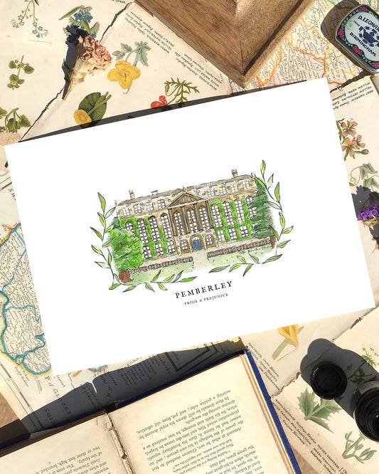 A pretty little Mini Poster Print of our Original Watercolour Illustration of Pemberley —the magnificent Country residence of Mr Darcy from Jane Austen's Pride and Prejudice. 