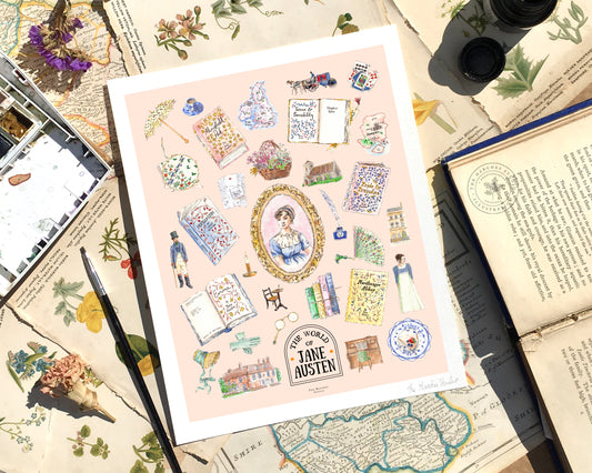 Image of an art print featuring beautiful illustrations of regency and Jane Austen related items surrounding a central portrait of Jane Austen herself, all on a subtle blush pink background.