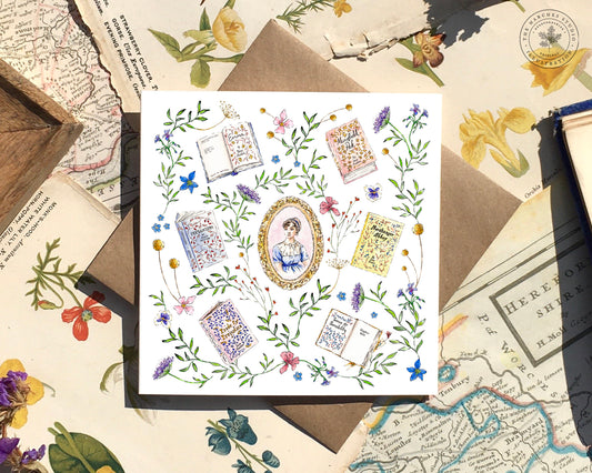 Image of a Square greeting card with Jane Austen's portrait in the centre surrounded by illustrations of her most famous books and floral decorations.
