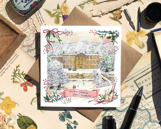 Seasons Greetings from Pemberley —ice-skating on the frozen Pond over-looking Mr Darcy's grand Country Estate!  Originally Hand-Illustrated by Anna, this cosy scene really does make the perfect Christmas Card for a Jane Austen Fan this Holiday!
