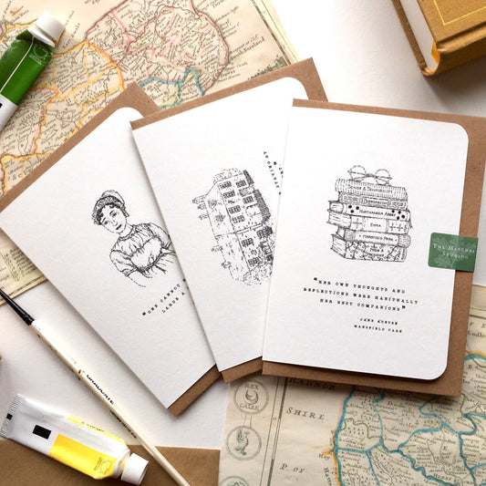 A sweet Set of 3 Jane Austen Greeting Cards that are perfect for having on-hand for any occasion —originally Hand Illustrated by Charlotte and paired with famous Quotes from Jane's Books, these lovely Cards are designed to send a heartfelt message to any Austen fan!