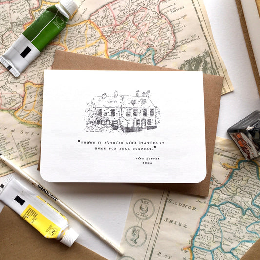 The perfect any-occasion Card for a Jane Austen Fan who loves to be at Home —whether wishing a 'Get Well Soon' or congratulating them on a recent move, this pretty Card features Jane's most famous Home 'Chawton Cottage' in beautiful Hand-Illustrated detail.