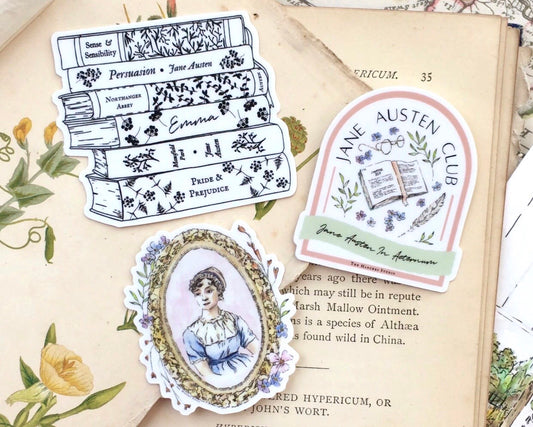 Image of a set of 3 Vinyl Stickers - Book Stack illustration, Jane Austen Club Sticker and Jane Austen's Portrait